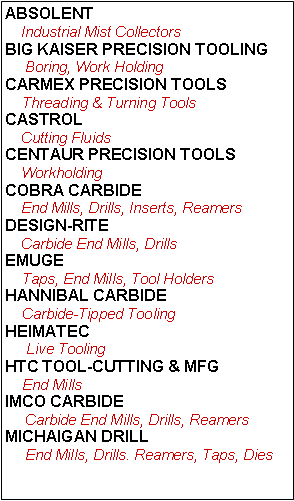 Text Box: ABSOLENT    Industrial Mist CollectorsBIG KAISER PRECISION TOOLING     Boring, Work HoldingCARMEX PRECISION TOOLS    Threading & Turning ToolsCASTROL    Cutting FluidsCENTAUR PRECISION TOOLS    WorkholdingCOBRA CARBIDE    End Mills, Drills, Inserts, ReamersDESIGN-RITE    Carbide End Mills, DrillsEMUGE     Taps, End Mills, Tool HoldersHANNIBAL CARBIDE    Carbide-Tipped ToolingHEIMATEC     Live ToolingHTC TOOL-CUTTING & MFG    End MillsIMCO CARBIDE     Carbide End Mills, Drills, ReamersMICHAIGAN DRILL     End Mills, Drills. Reamers, Taps, Dies